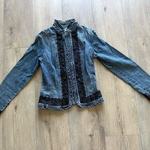 Cache Blue and Black Jean Jacket with Decorative Trim Size 0